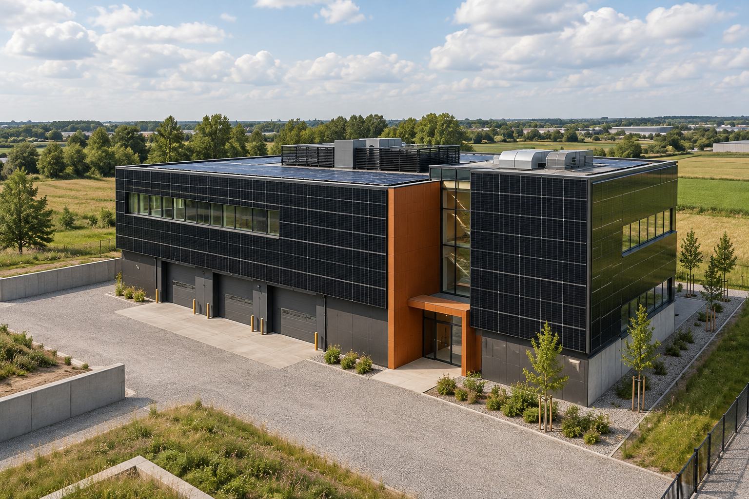 BIPV Project Concepts | FGNEX AI architectural concept of an office building with dark grid-patterned photovoltaic facade panels and an orange entrance accent