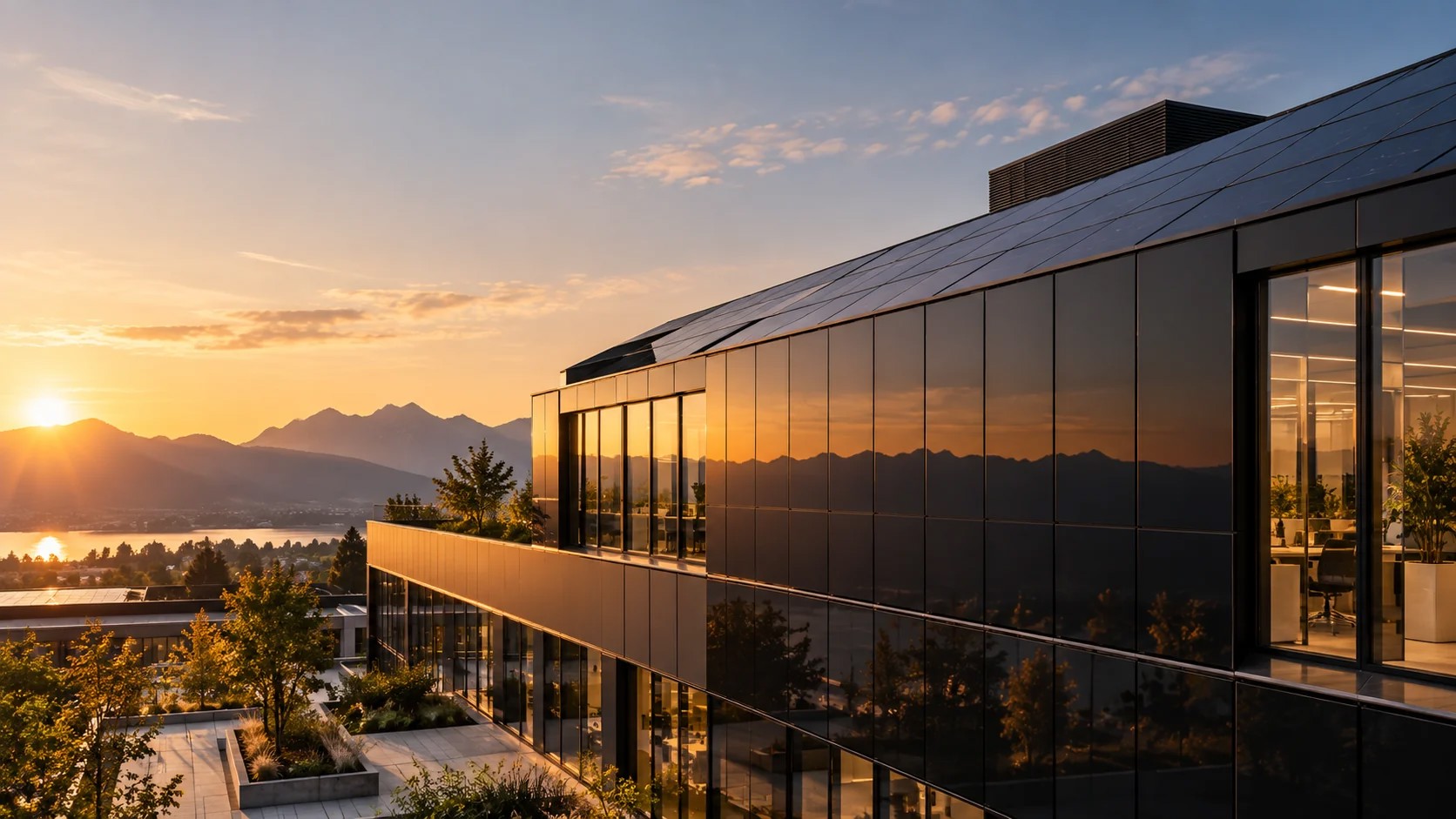 AI concept of an office building with integrated photovoltaic roof and facade at sunset
