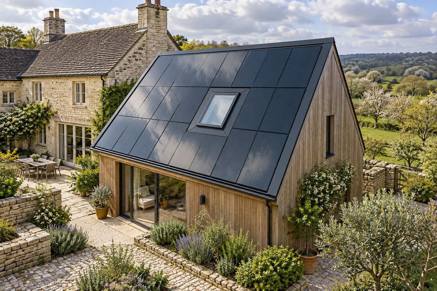 BIPV Project Concepts | FGNEX AI architectural concept of a timber-clad extension with a flush dark photovoltaic roof beside a stone house