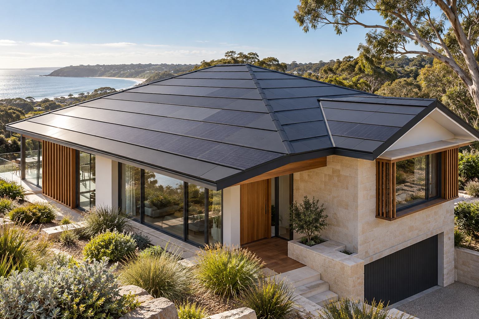 BIPV Project Concepts | FGNEX AI architectural concept of a coastal home with dark photovoltaic modules across a hipped roof and adjoining roof planes
