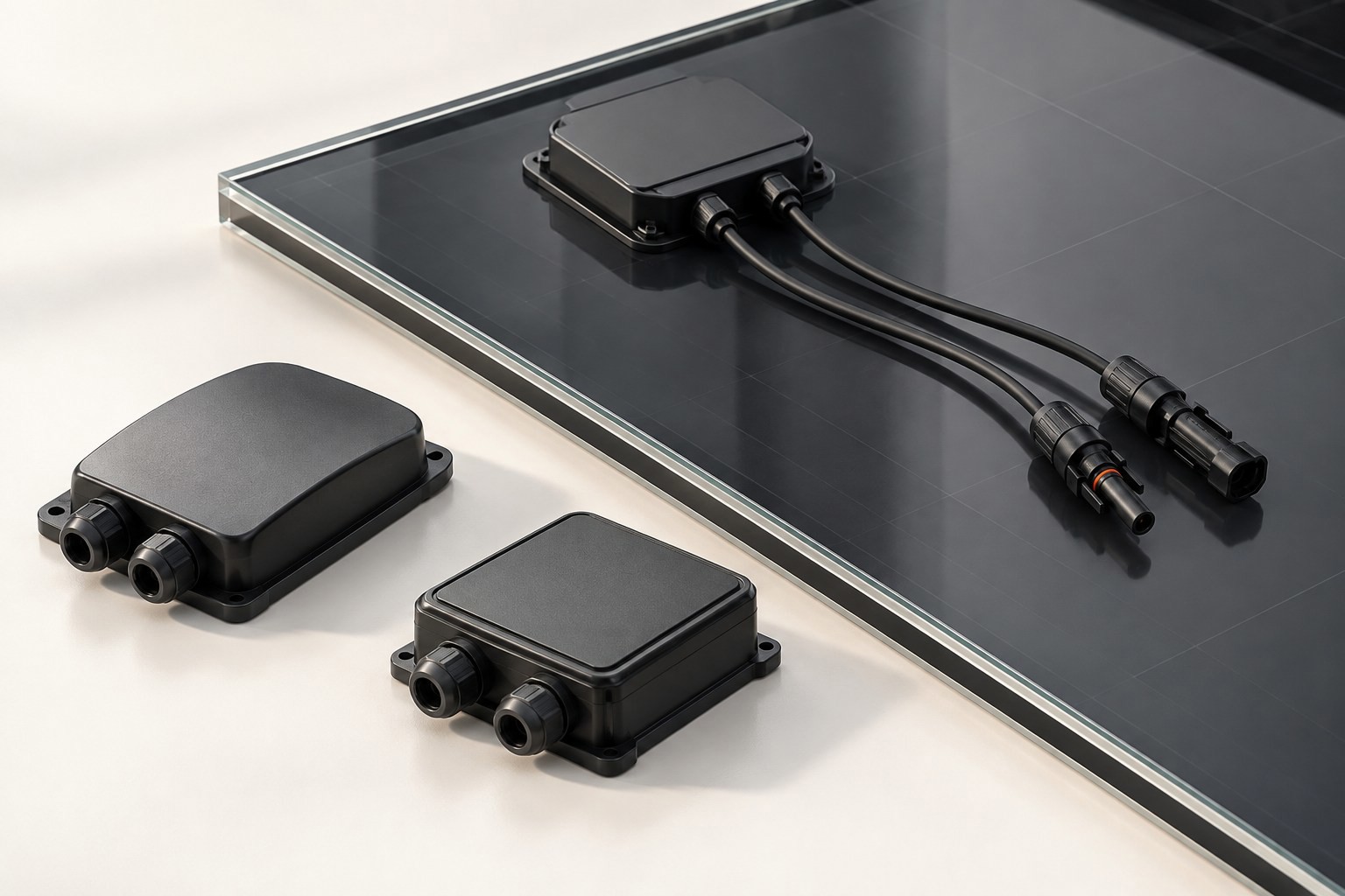 AI concept illustration of junction box cables connectors for custom BIPV modules