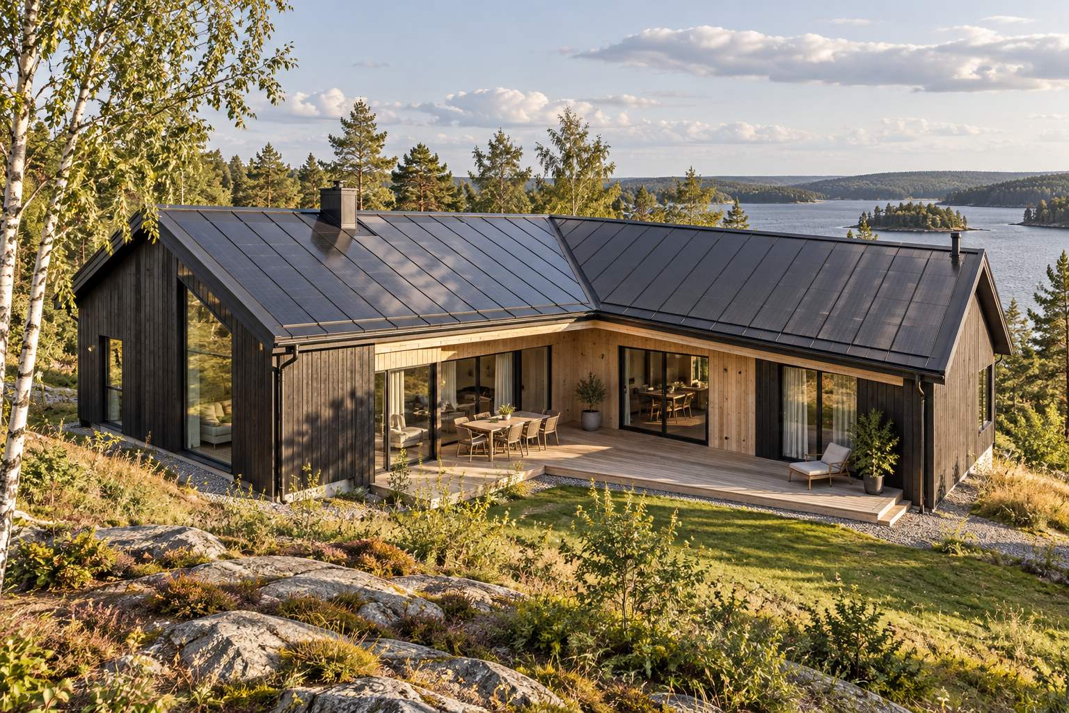 BIPV Project Concepts | FGNEX AI architectural concept of a timber woodland house with a dark seam-patterned photovoltaic metal roof