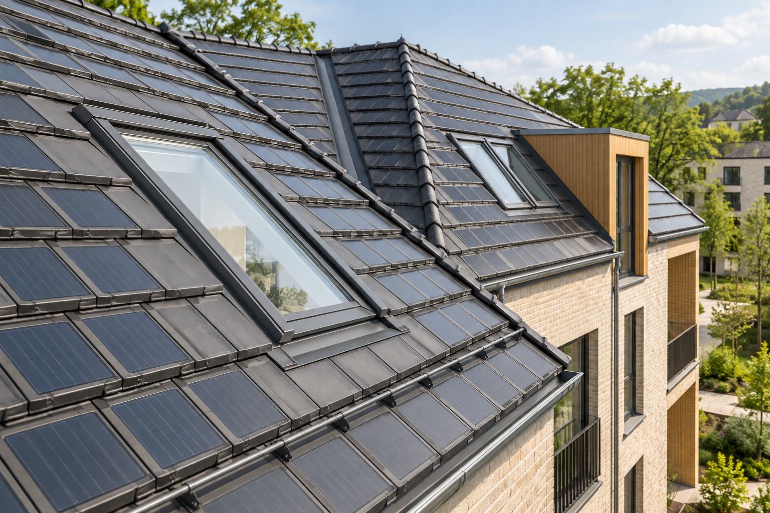BIPV Project Concepts | FGNEX AI architectural concept of small dark photovoltaic roof tiles around a rooflight on a pitched roof