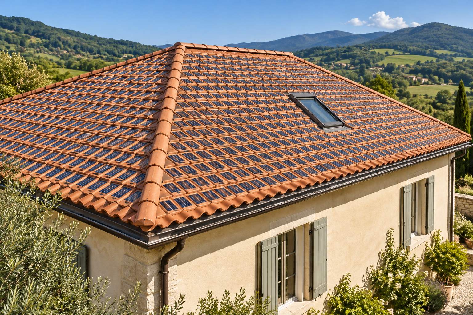 BIPV Project Concepts | FGNEX AI architectural concept of dark photovoltaic inserts integrated with terracotta-coloured roof tiles